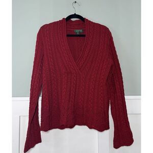 Ralph‎ Lauren  Red Cable Knit Sweater Size L Chunky V Neck Fisherman Cotton
